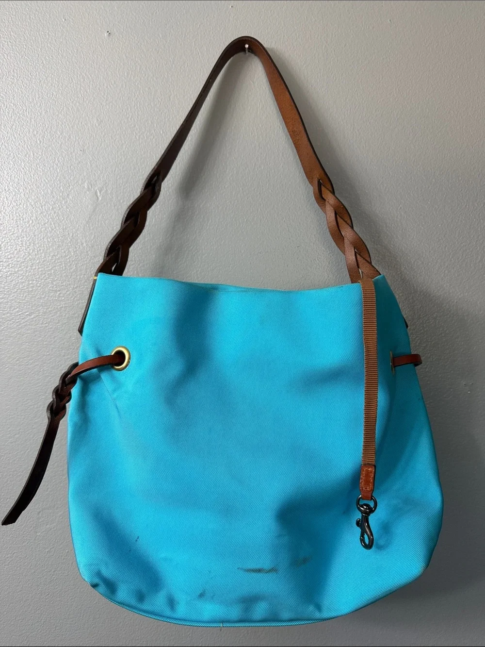 Dooney & Bourke Turquoise Canvas Hobo with Brown Leather Trim
